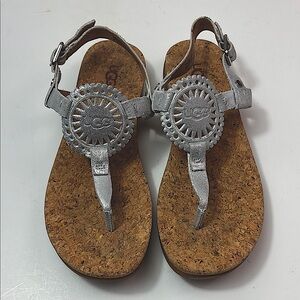 UGG Silver leather Sandals with Cork Sole, size7.5, EUC
